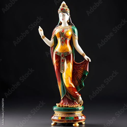 The statuette is truly a sight to behold. It stands tall, a full-length figure capturing attention with its vibrant and bright colors. Intricately adorned with delicate gold inlays and adorned with pr photo