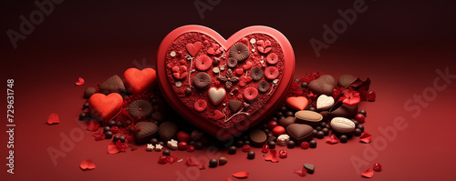 A red heart with many chocolates and hearts around it.