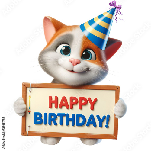 Cute Animal 3D Cat Holding 'Happy Birthday' Board and Wearing Party Cap Cartoon: Isolated on Transparent Background - Clipart PNG Sticker Design	 photo
