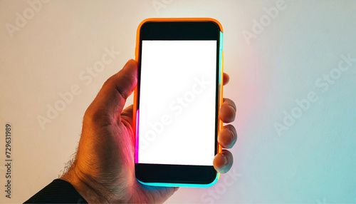 Uma mão segurando um telefone celular com espaço para texto ou arte.  photo