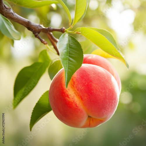 close-up of a fresh ripe peach hang on branch tree. autumn farm harvest and urban gardening concept with natural green foliage garden at the background. selective focus