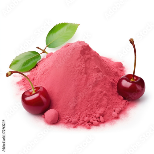 close up pile of finely dry organic fresh raw cherry powder isolated on white background. bright colored heaps of herbal, spice or seasoning recipes clipping path. selective focus photo