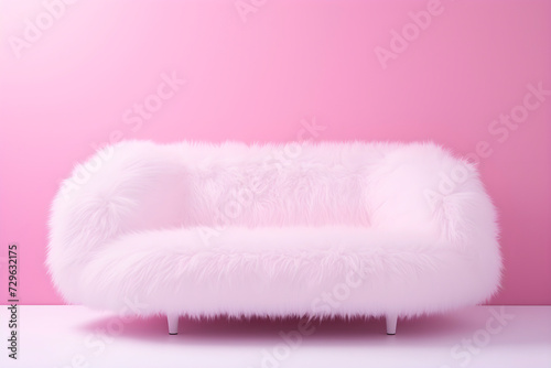 Fluffy pink sofa in minimalistic interior. AI generated