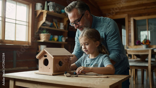 Father teaching daughter how to make wooden bird house, Father's day photo