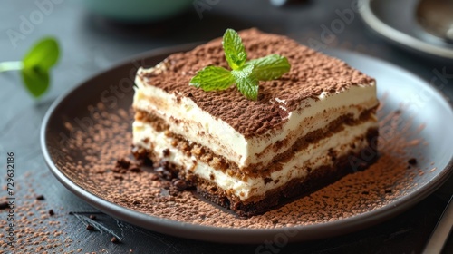  a piece of cake on a plate with a mint sprig on top of it and a fork on the side of the plate, on a black table.