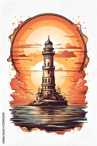 Drawing of a Lighthouse With a Sunset Background. Generative AI.