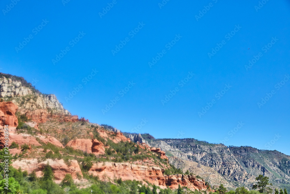 Sedona Red Rock Cliffs and Mountain Peaks, Clear Blue Sky
