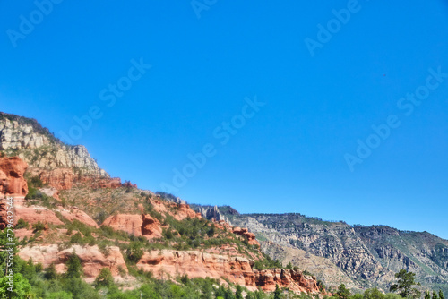 Sedona Red Rock Cliffs and Mountain Peaks, Clear Blue Sky