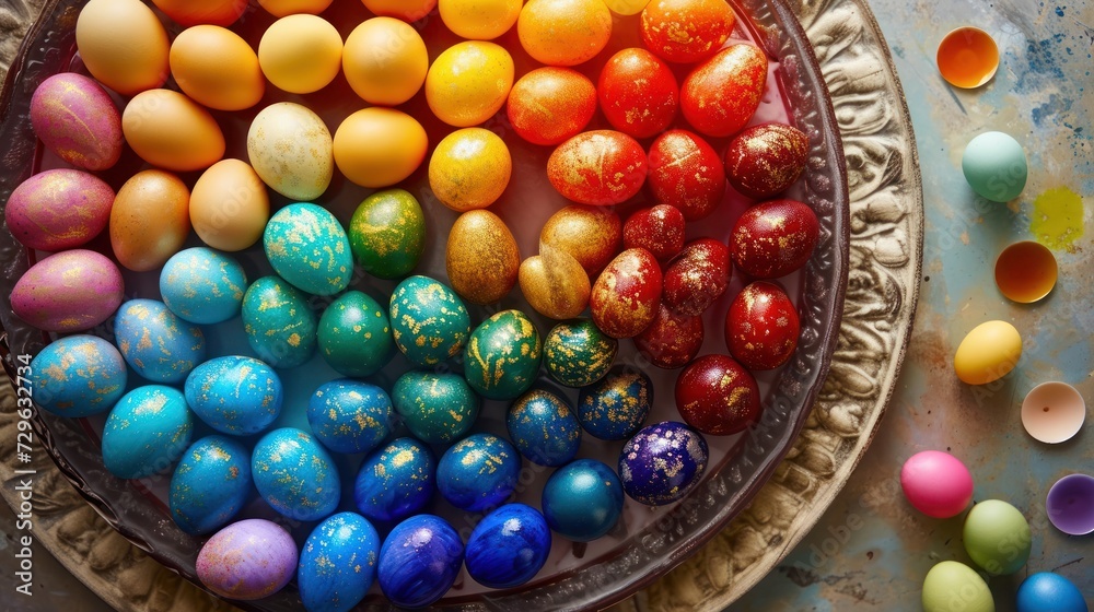 Fototapeta premium a bowl filled with lots of different colored eggs next to a plate of colored eggs on top of a blue surface with other colored eggs in the bowl next to the bowl.