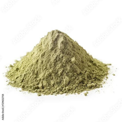 close up pile of finely dry organic fresh raw artichoke leaf powder isolated on white background. bright colored heaps of herbal, spice or seasoning recipes clipping path. selective focus