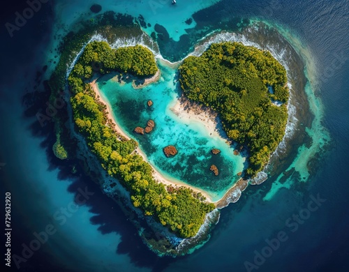 Aerial view of Caribbean Island in the Shape of a Heart. Love Holiday Concept. Generative AI. photo