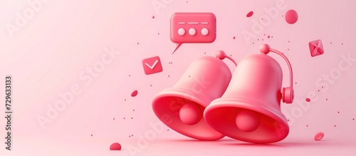 3d render pink bells icon with new message symbol web chat in cartoon style. AI generated image