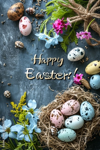 Happy Easter background decorated with a nest, Easter eggs and flowers on a dark background.