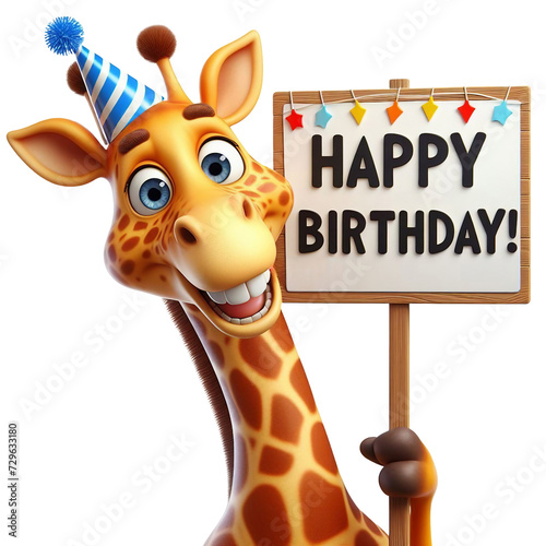 Cute Animal 3D Giraffe Holding 'Happy Birthday' Board and Wearing Party Cap Cartoon: Isolated on Transparent Background - Clipart PNG Sticker Design	 photo