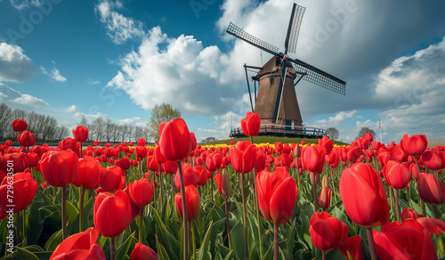 Red tulip field with majestic windmill. Dutch Spring charm. Colorful flowers and blue sky for a joyful weather in Netherlands.