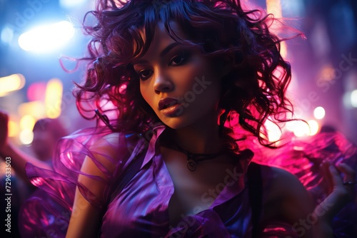 beautiful diverse woman with curly hair dancing in night club at party with blue pink purple neon light and smoke . Night life and clubbing, entertainment industry.