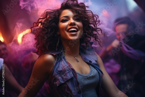 beautiful diverse woman with curly hair dancing in night club at party with blue pink purple neon light and smoke . Night life and clubbing, entertainment industry.