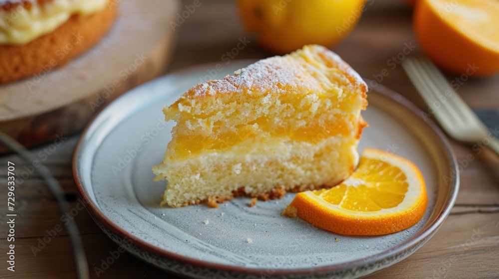 a close up of a slice of cake on a plate with an orange slice next to it and an orange slice on a plate with a fork next to it. a close up of a slice of cake on a plate with an orange slice next to it and an orange slice on a plate with a fork next to it.