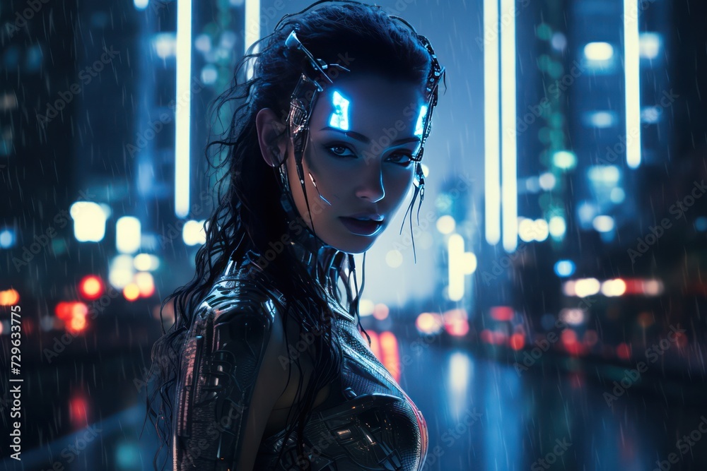half woman half cyborg in cyberpunk style in night city. Human and AI concept. half woman half cyborg in cyberpunk style in night city. Human and AI concept.