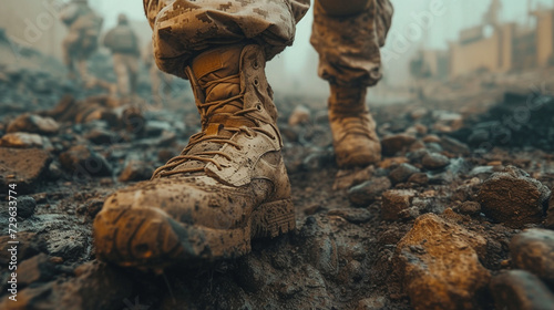 Military boots on soldier's feet, close-up picture