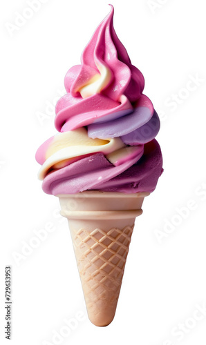 Swirled multicoloured forest fruit soft serve ice cream in a cone on a transparent background.