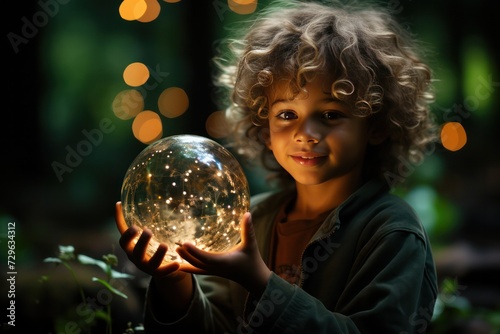 diverse child holding a Christmas ball. Cute boy with curly hair holding a sphere with lights. Hope for the future concept.