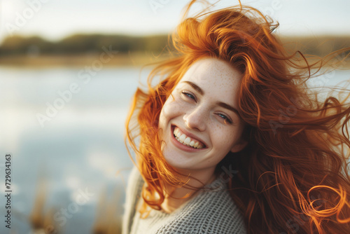 Happy redhead woman with tousled hair by lake photo