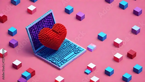 Voxel cyber Valentine's Day pixel love. Pxel red hearts. Voxel love 3d render on background. Love Puzzle. A Romantic Abstract Heart Shape Symbol in 3D Pixel Art  