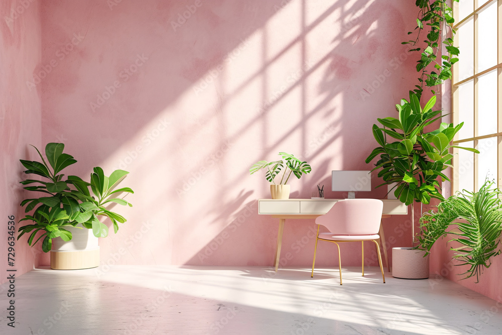 Pink Interior Home living Room, Minimalist Scandinavian Plants Vase sunlight from window, Home Workstation Chair and Desk Couch Sofa 
