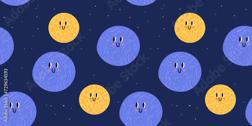 Cartoon seamless texture. Dark night blue background. Doodle good ellements with fun faces. Kids childish pattern.