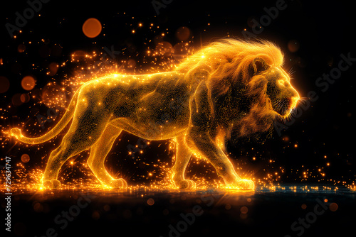 A sparkling fiery golden silhouette of a lion on a black background. The symbol of the zodiac sign is leo. Ai generative..
