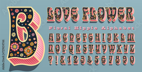 Love Flower; an extremely ornate decorative flower alphabet, filled with floral designs and 3d effects. 1960s or 1970s style psychedelic hippie font.