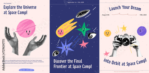 Fantasy doodle invitation with colorful space and collage elements. Flyer set. Trendy graphic template. Vector contremporary mixmedia illustrations with planets and stars.