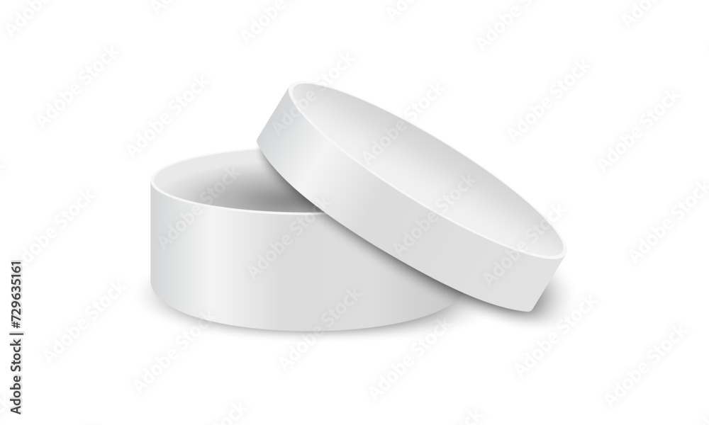 Round cardboard box with ajar lid. Package for gift, hat, sweets, cookies, cosmetics, medicines. Open white cylindrical tin isolated on white background. Vector realistic illustration. Round cardboard box with ajar lid. Package for gift, hat, sweets, cookies, cosmetics, medicines. Open white cylindrical tin isolated on white background. Vector realistic illustration.