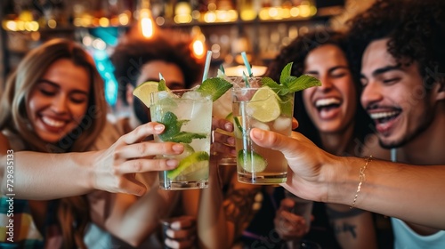
Group of people celebrating toasting with cocktails - cropped detail with focus on hands - lifestyle concept of people, drinks and alcohol photo