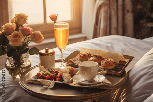romantic breakfast in bed in luxury hotel bedroom with roses, coffee, champagne and orange juice and beautiful morning light. Valentines day surprise premium lifestyle.