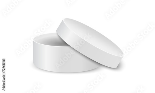 Round cardboard box with ajar lid. Package for gift, hat, sweets, cookies, cosmetics, medicines. Open white cylindrical tin isolated on white background. Vector realistic illustration.