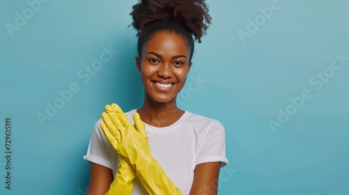 Indoor shot of dark-skinned housemaid with exciting smile, wearing protected gloves and white T-shirt, poses over blue background photo