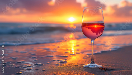 a glass of wine sits on a towel at the beach during sunset, in the style of pink and amber