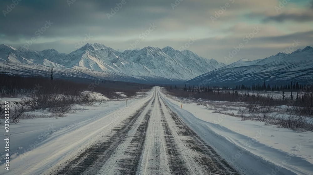 custom made wallpaper toronto digital a snow covered road in the middle of a mountain range with snow on the ground and trees on both sides of the road and a mountain range in the distance.