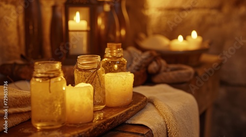  a table topped with lots of candles next to a table covered in a white cloth and a wooden tray with candles on top of it next to a stone wall.