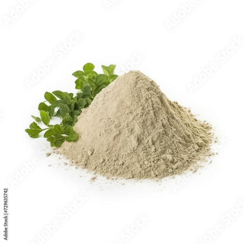 close up pile of finely dry organic fresh raw bacopa powder isolated on white background. bright colored heaps of herbal, spice or seasoning recipes clipping path. selective focus