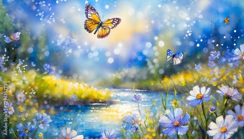 Fairy river with butterfly in blue sky  © Omega