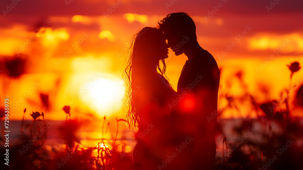 silhouette of couple with red sunset love and romance silhouette of couple with red sunset love and romance