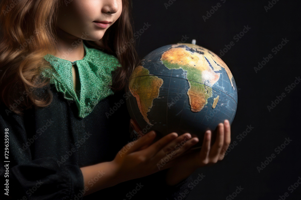 Young girl gentle holding in hands globe on dark background. Education in the spirit of caring for the planet, events dedicated to the protection and conservation of the environment. Earth day concept Young girl gentle holding in hands globe on dark background. Education in the spirit of caring for the planet, events dedicated to the protection and conservation of the environment. Earth day concept