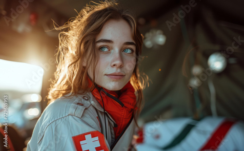 Portrait of a girl paramedic working in a field hospital.