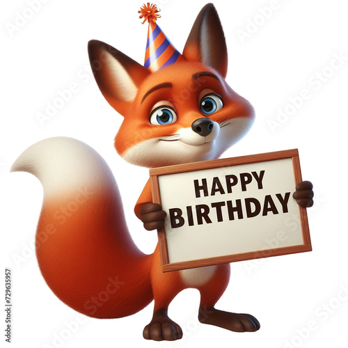 Cute Animal 3D Fox Holding 'Happy Birthday' Board and Wearing Party Cap Cartoon: Isolated on Transparent Background - Clipart PNG Sticker Design	 photo