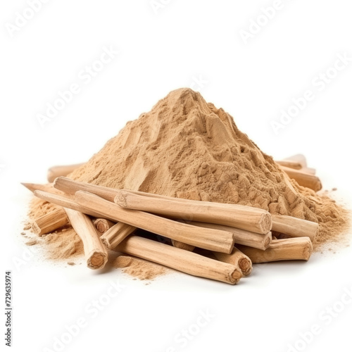 close up pile of finely dry organic fresh raw ashwagandha root powder isolated on white background. bright colored heaps of herbal, spice or seasoning recipes clipping path. selective focus photo