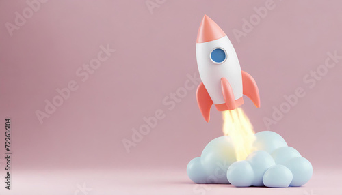 3D Rocket launch on pink background, Spaceship icon, startup business concept. 3d render illustration