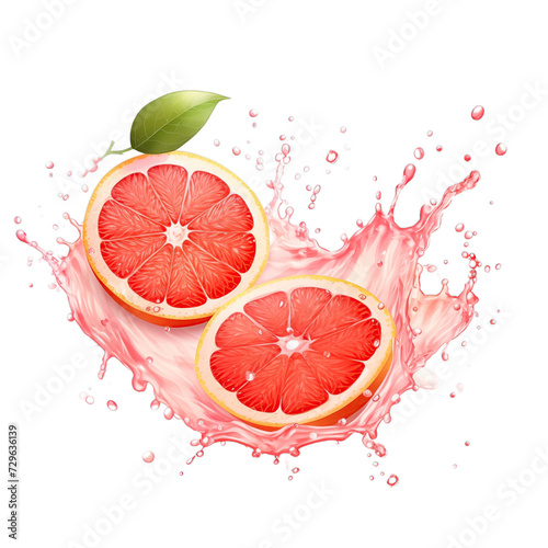realistic fresh ripe grapefruit with slices falling inside swirl fluid gestures of milk or yoghurt juice splash png isolated on a white background with clipping path. selective focus
